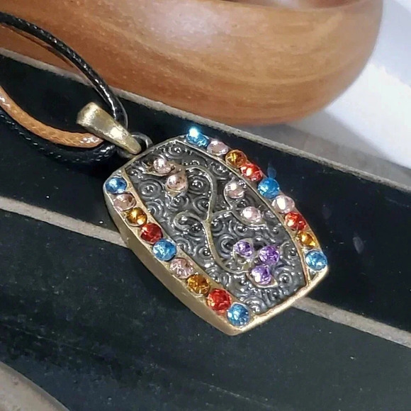 Rustic Antique Bronze Rhinestones Curvy Rectangle Pendant Necklace Vegan Leather - Picture 1 of 11